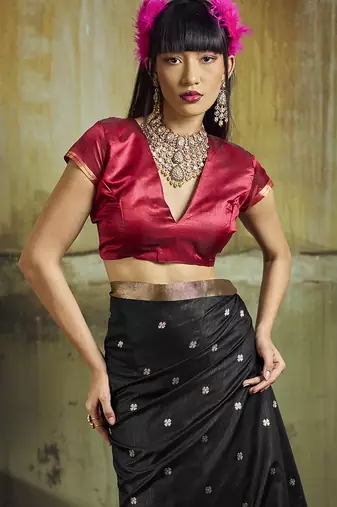 black weaving faux tussar silk blend saree