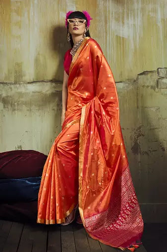 orange weaving faux tussar silk blend saree