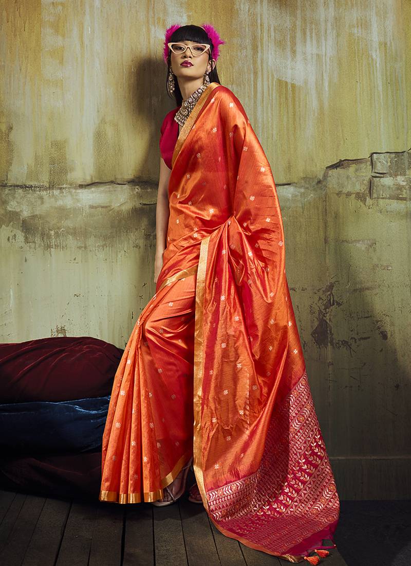 orange weaving faux tussar silk blend saree