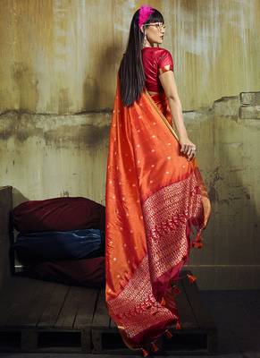 orange weaving faux tussar silk blend saree 2