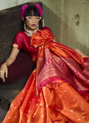 orange weaving faux tussar silk blend saree 3