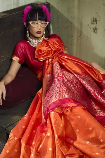 orange weaving faux tussar silk blend saree