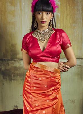 orange weaving faux tussar silk blend saree 4