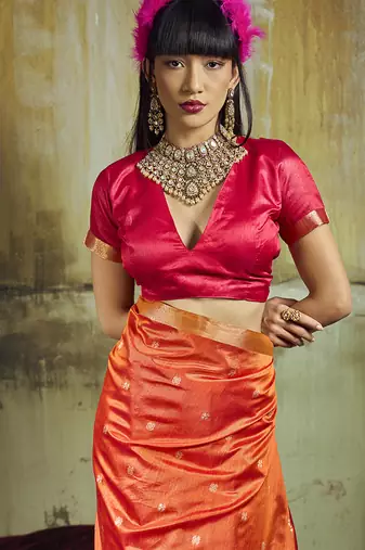 orange weaving faux tussar silk blend saree