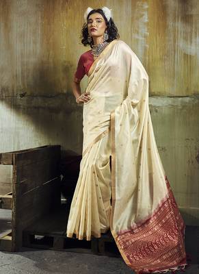 cream weaving faux tussar silk blend saree 1