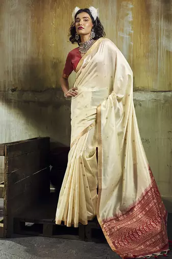 cream weaving faux tussar silk blend saree
