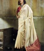 cream weaving faux tussar silk blend saree