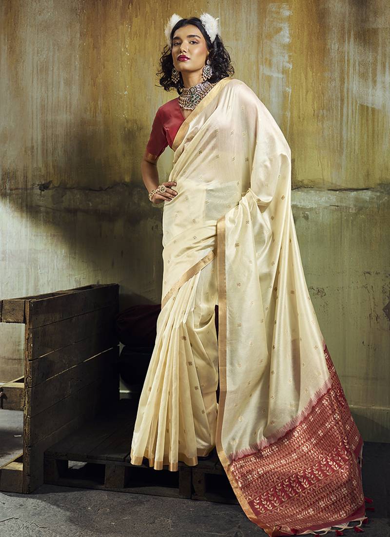 cream weaving faux tussar silk blend saree