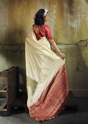 cream weaving faux tussar silk blend saree 2