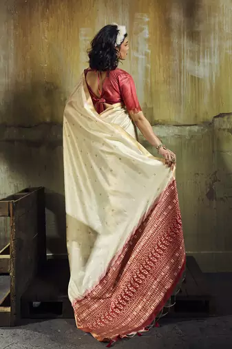 cream weaving faux tussar silk blend saree