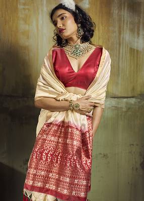 cream weaving faux tussar silk blend saree 3