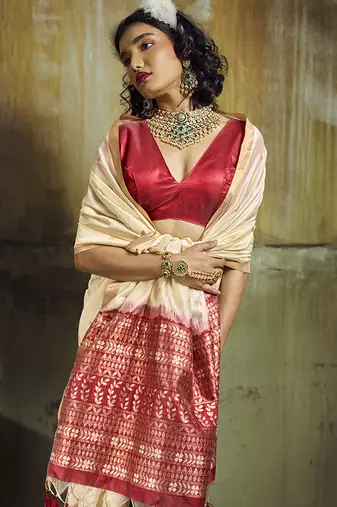 cream weaving faux tussar silk blend saree