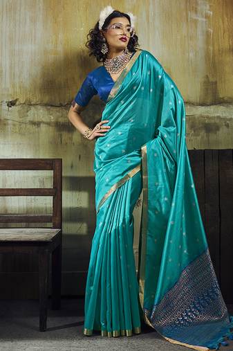 aqua blue weaving faux tussar silk blend saree