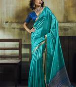 aqua blue weaving faux tussar silk blend saree