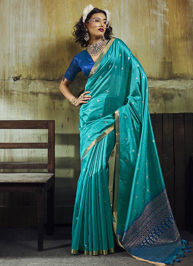 aqua blue weaving faux tussar silk blend saree