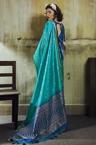aqua blue weaving faux tussar silk blend saree