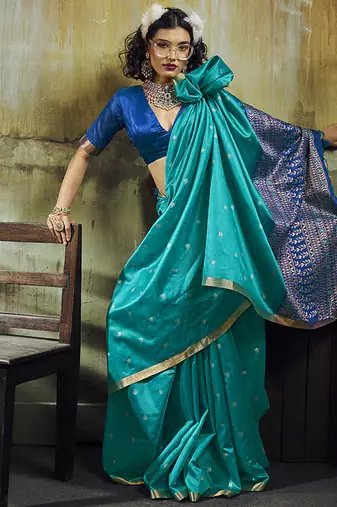 aqua blue weaving faux tussar silk blend saree