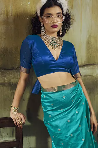aqua blue weaving faux tussar silk blend saree
