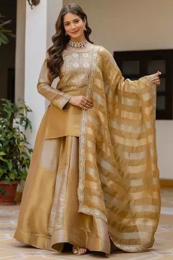 golden viscose lehenga choli with embroidery & handwork