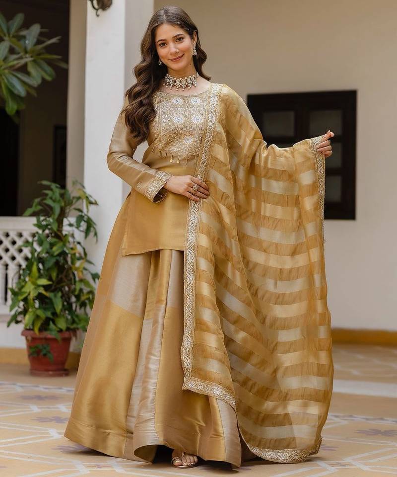 GOLDEN Premium Banarasi Viscose Lehenga Choli with Embroidery & Handwork
