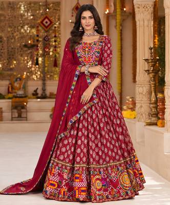 Maroon Ajrakh Print Lehenga Choli with Mirror Work for navratri 1