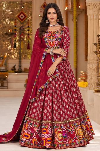 Maroon Ajrakh Print Lehenga Choli with Mirror Work for navratri