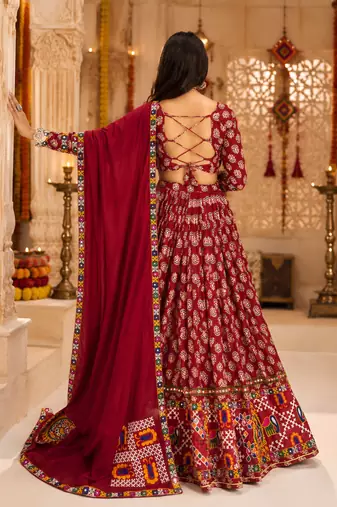 Maroon Ajrakh Print Lehenga Choli with Mirror Work for navratri