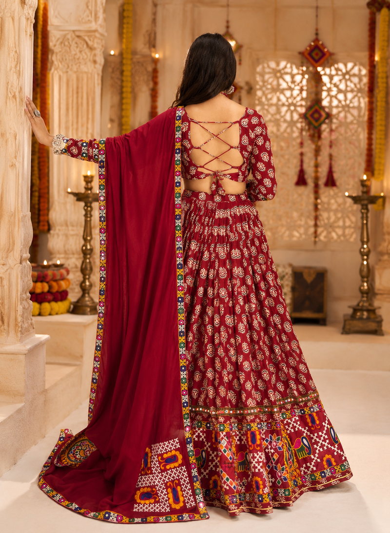 Maroon Ajrakh Print Lehenga Choli with Mirror Work for navratri