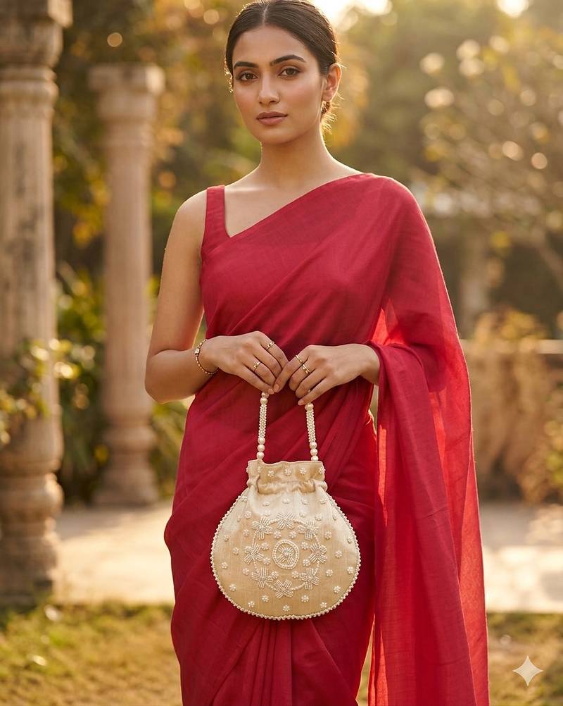 Elegant cream peach pearl embroidered potli bag with beaded handle