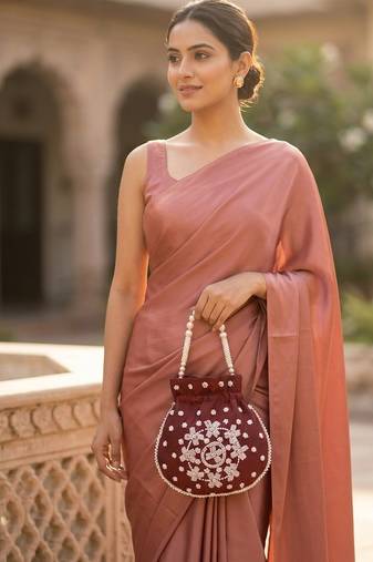 Elegant maroon peach pearl embroidered potli bag with beaded handle