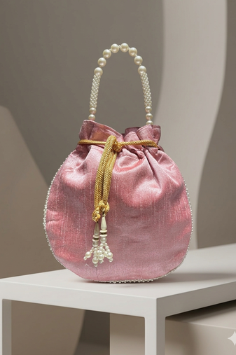 Elegant light pink peach pearl embroidered potli bag with beaded handle