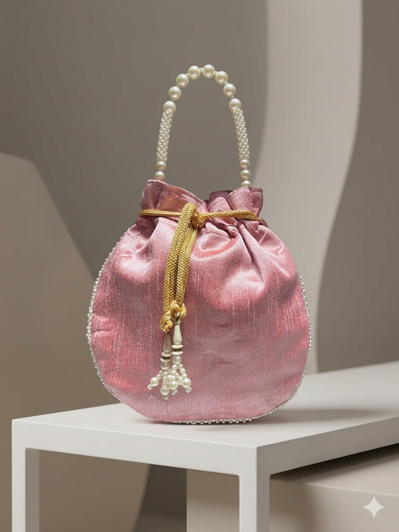 Elegant light pink peach pearl embroidered potli bag with beaded handle