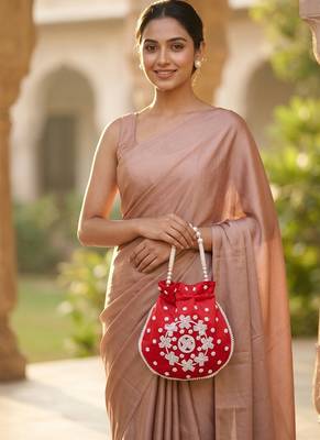 Elegant red peach pearl embroidered potli bag with beaded handle 1