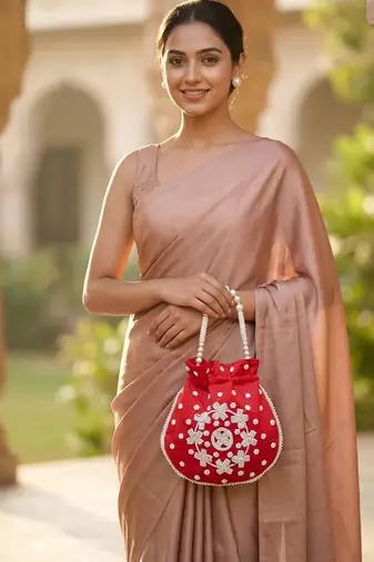 Elegant red peach pearl embroidered potli bag with beaded handle