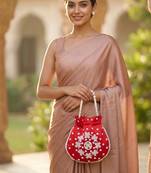 Elegant red peach pearl embroidered potli bag with beaded handle