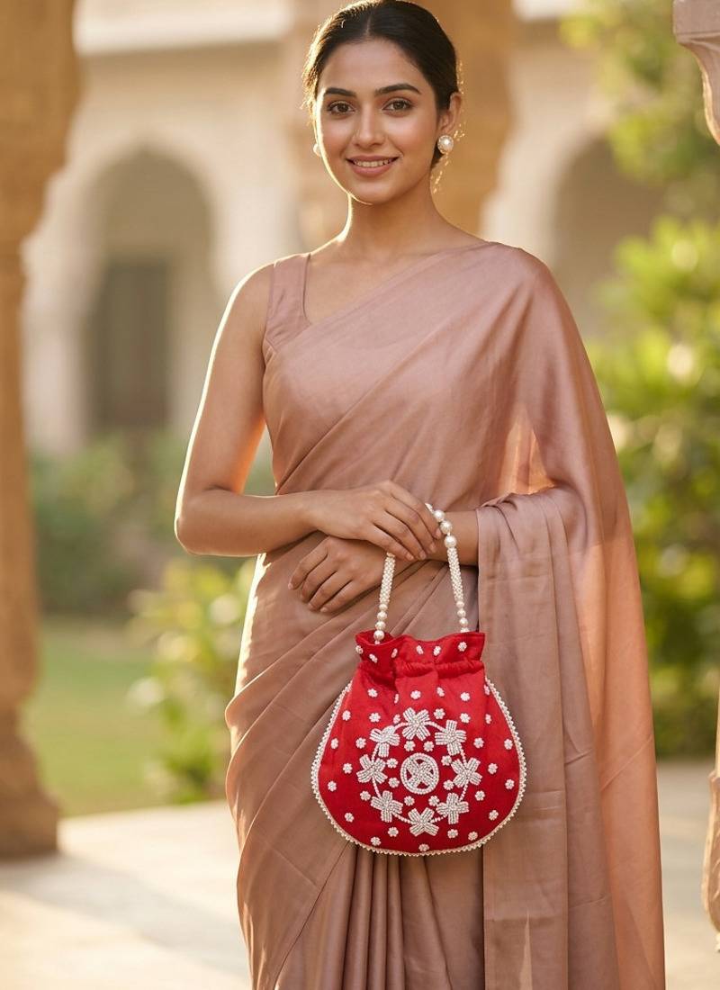 Elegant red peach pearl embroidered potli bag with beaded handle