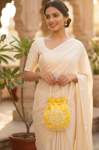 Elegant yellow peach pearl embroidered potli bag with beaded handle
