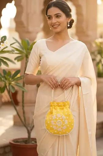 Elegant yellow peach pearl embroidered potli bag with beaded handle
