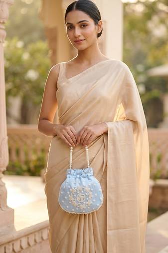 Elegant sky blue peach pearl embroidered potli bag with beaded handle