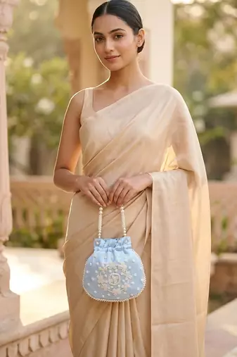 Elegant sky blue peach pearl embroidered potli bag with beaded handle