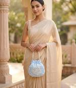 Elegant sky blue peach pearl embroidered potli bag with beaded handle