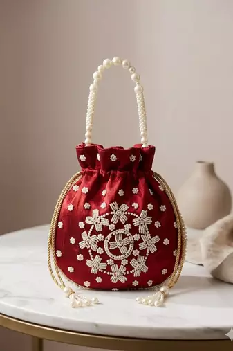 Elegant maroon peach pearl embroidered potli bag with beaded handle