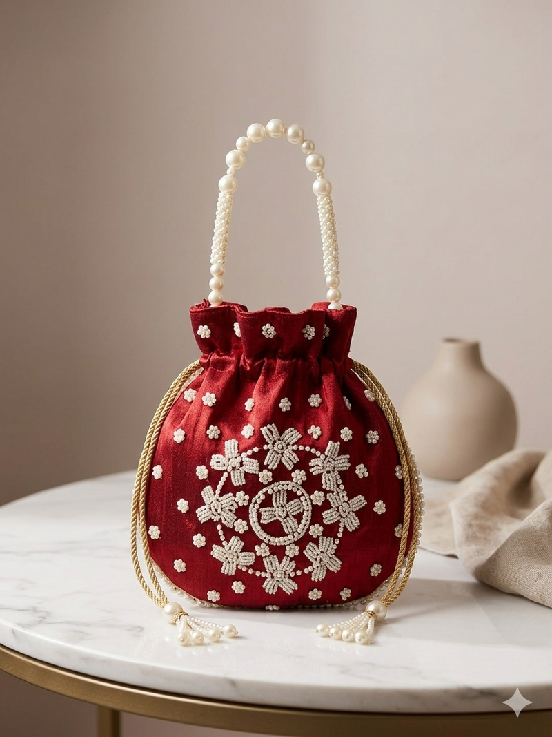 Elegant maroon peach pearl embroidered potli bag with beaded handle