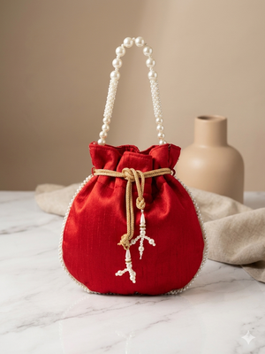 Elegant red peach pearl embroidered potli bag with beaded handle 2