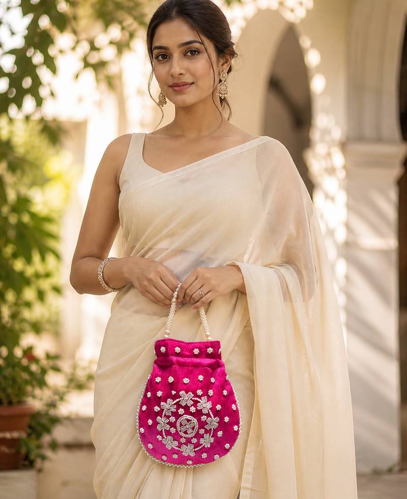 Elegant rani pearl embroidered potli bag with beaded handle