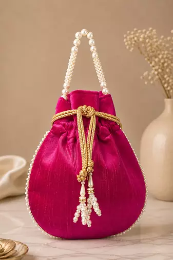 Luxury rani pearl embroidered potli bag with beaded handle – bridal & festive clutch