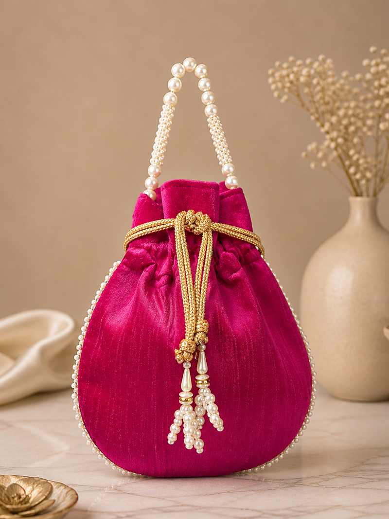 Luxury rani pearl embroidered potli bag with beaded handle – bridal & festive clutch