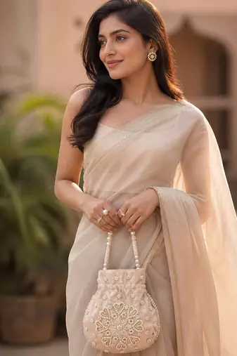 Elegant beige embroidered potli bag with beaded handle