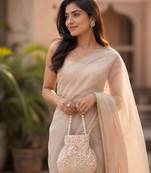 Elegant beige embroidered potli bag with beaded handle