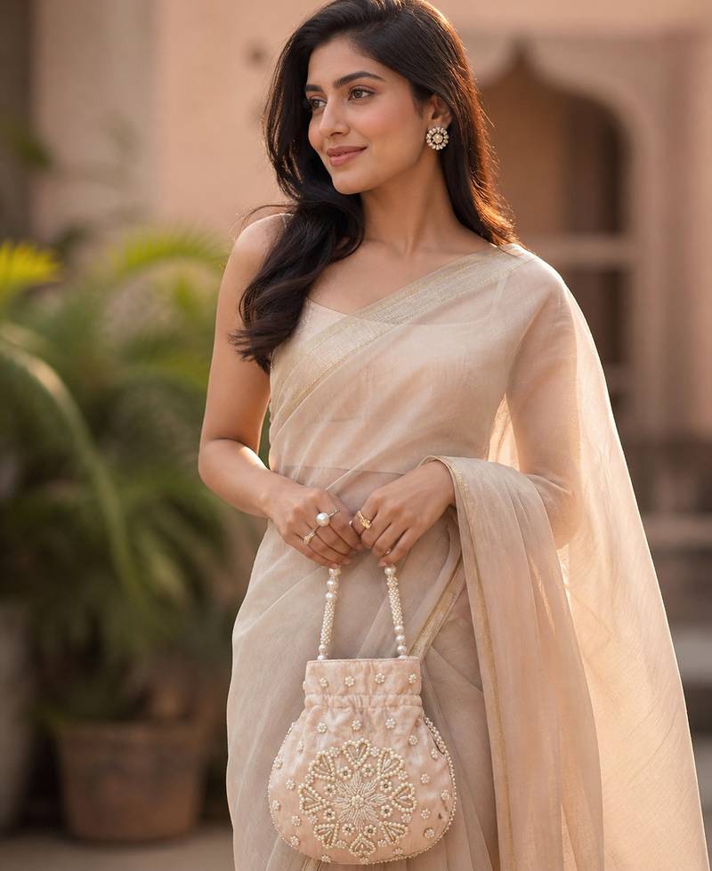Elegant beige embroidered potli bag with beaded handle